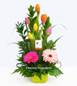 Arreglo floral con tulipanes de colores